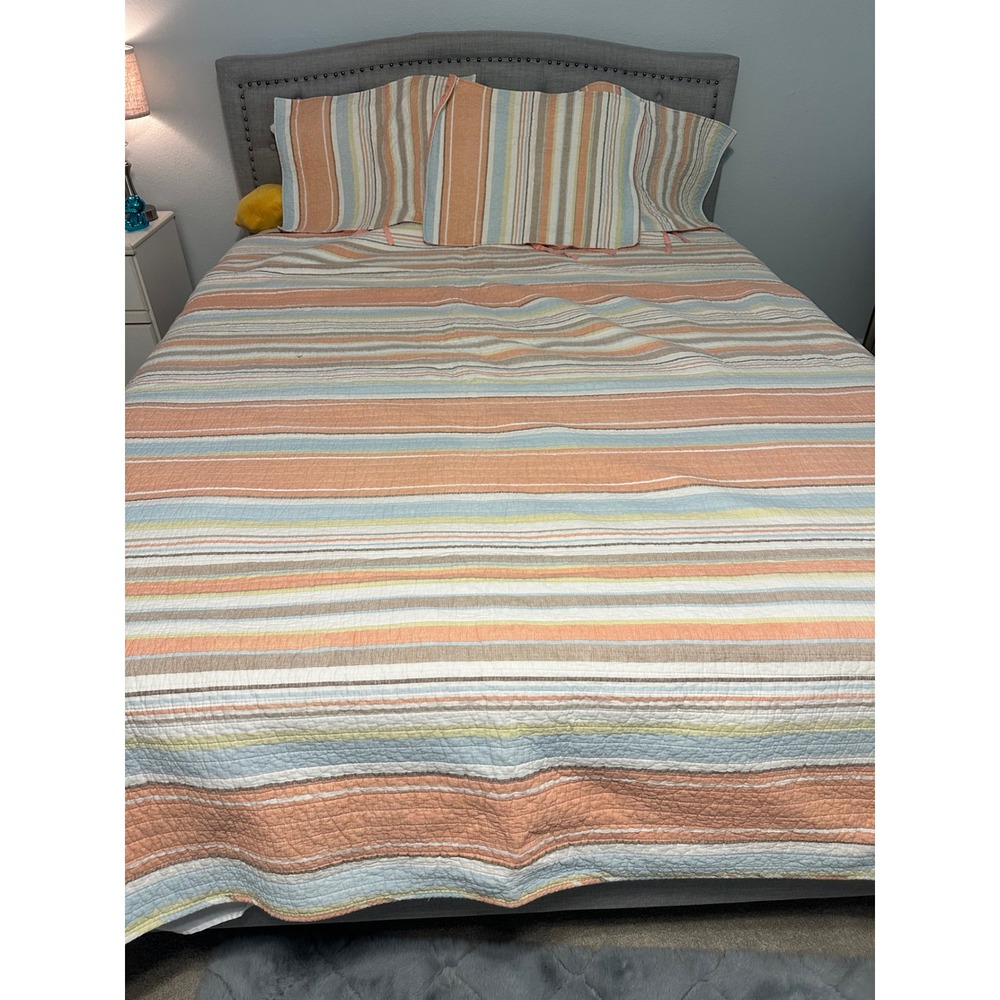 Coastal Striped Quilt Set Peach Blue Sage Green Bedding with 3 Shams Full Queen